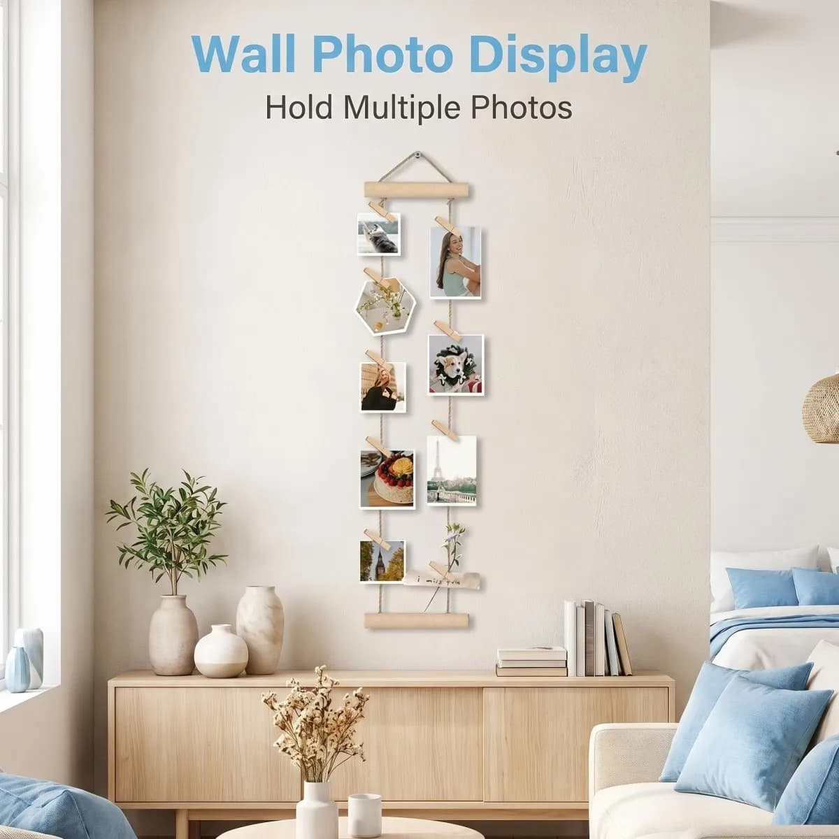 Wooden Photo Hanging Clips Nordic Wall Decor Rope Picture Frame Multiple Display Space Saving Kids Bedroom Party Home Shelf