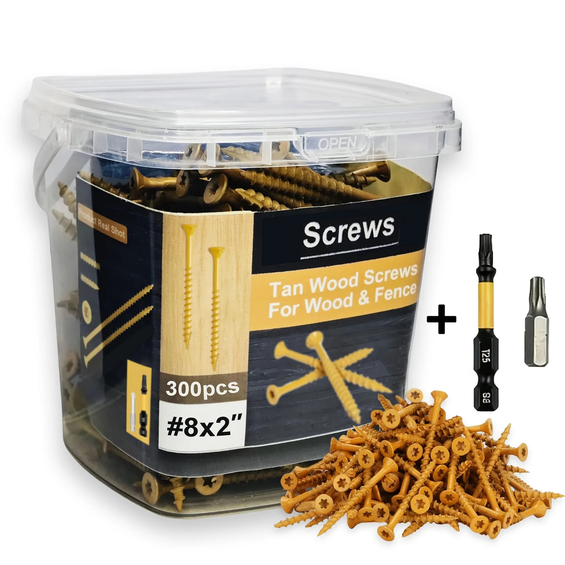 300pcs Deck Screw Set T25 Slot Head Self-tapping Wood Screws External Deck Screws, #8x2" Anti-rust External Deck Screws, Yellow Galvanized - Easy to Install - Perfect for Wood Fixation