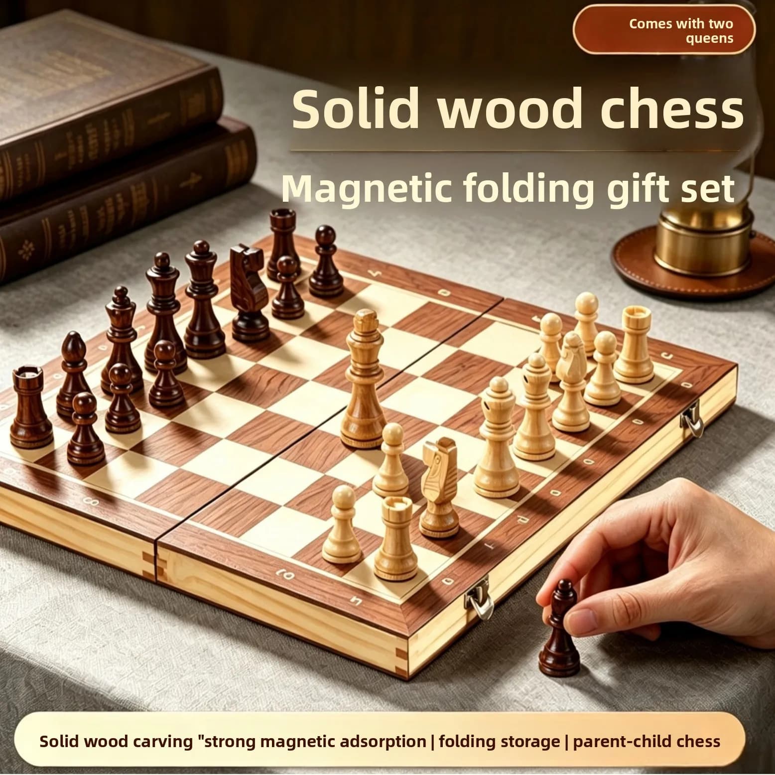 Magnetic Solid Wood Chess Set with 2 Extra Queens, 4 Sizes Optional Foldable Portable Wooden Board Game Gift for Adult Kids