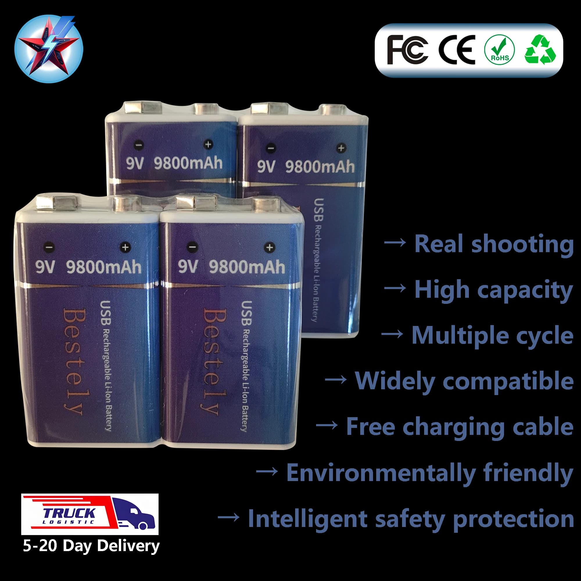 Batteria ricaricabile da 9 V USB-C ricarica al litio Sostituisci 6F22/6LR61 di lunga durata per rilevatore di fumo multimetro/microfono