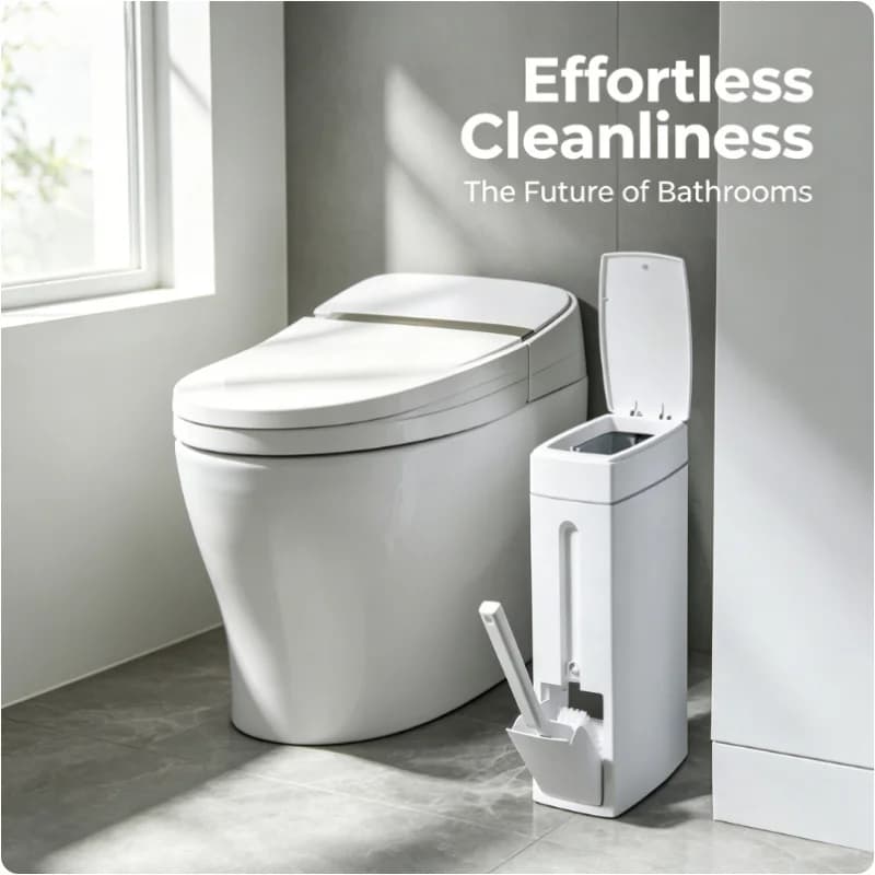 Integrated Toilet Brush Combo With Lidded Narrow Trash Can Multifunctional Space Saver Bathroom Household Waste Bin Organizer
