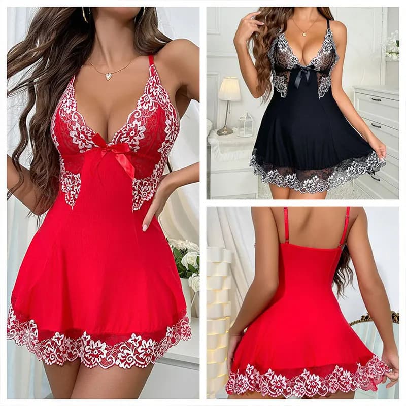 Seduction Dress with French Tempered American Neck Set of Slim and Breathable Women's Sexy Nightwear Set, Comfortable Homewear