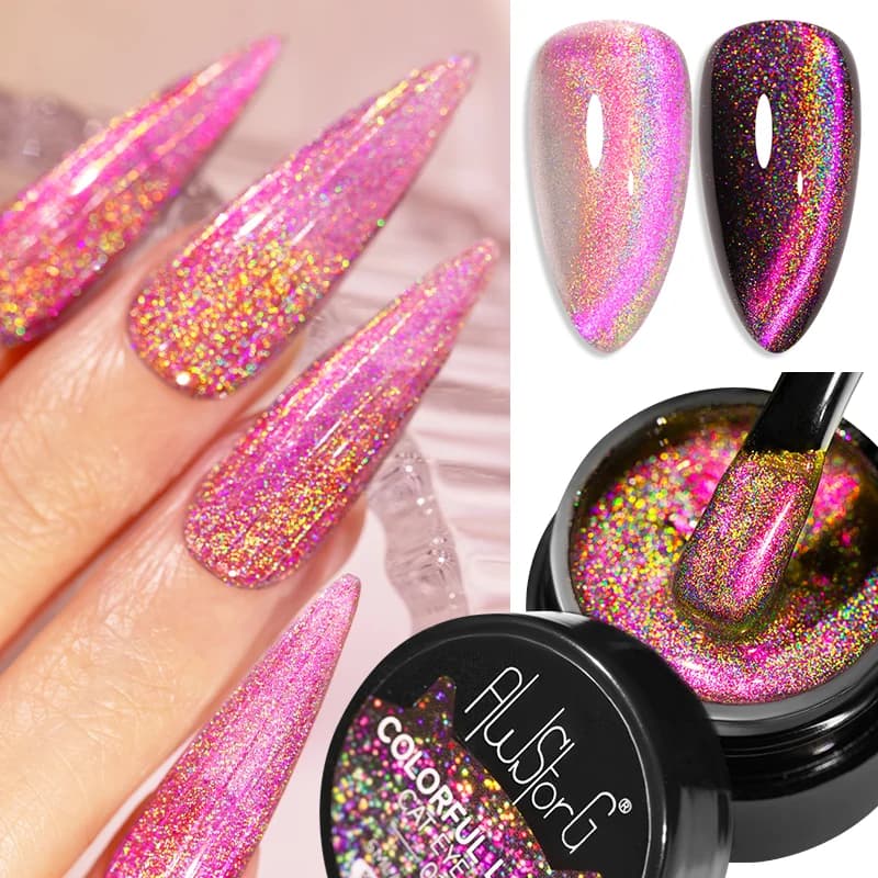 AWStorG 5ML Smalto Gel Magnetico Laser Colorato Effetto Gatto, Rosa-Viola Scintillante, Effetto Olografico Arcobaleno, Soak Off UV per Nail Art