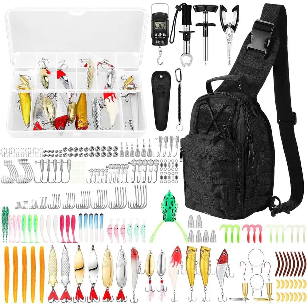 393 all-inclusive fishing kit with backpack, equipment box, tools, baits, hooks and removal for outdoor enthusiasts