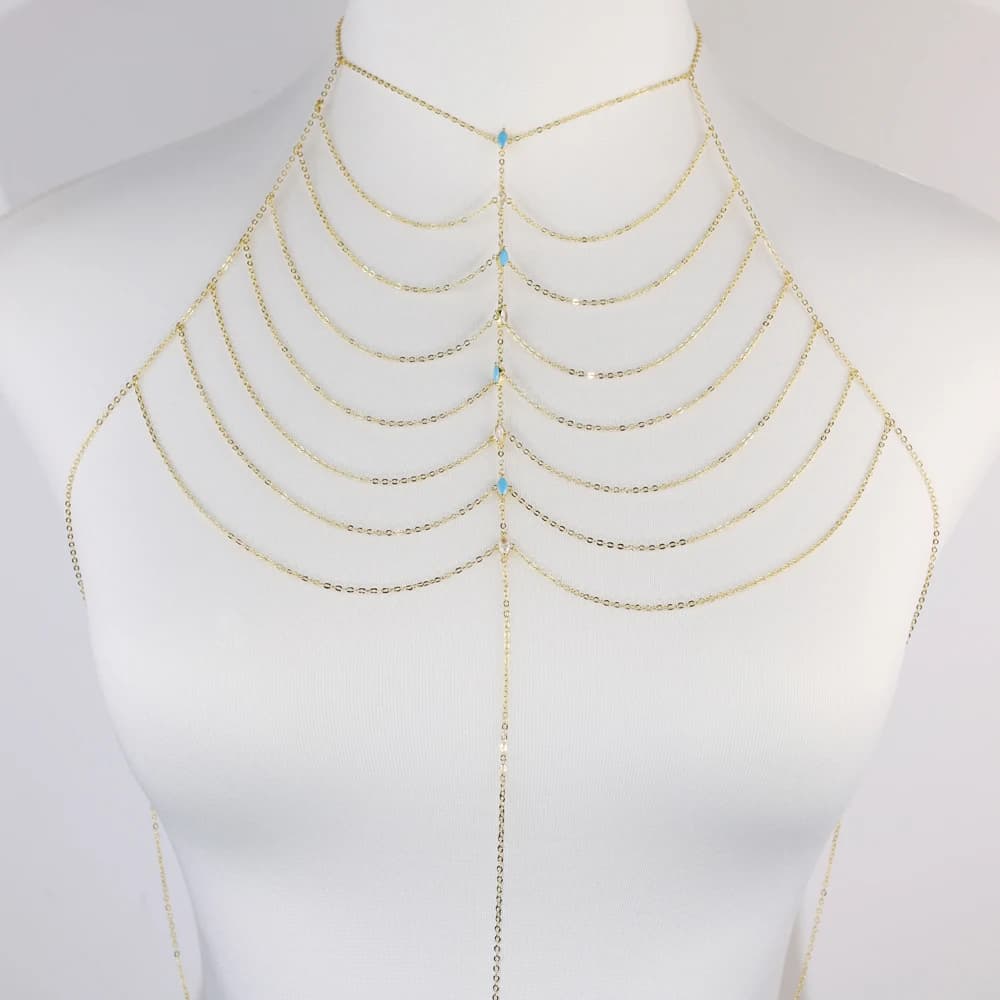 2026 New Summer beach sexy women's mesh body chain paired with the same bracelet micro inlaid exquisite zircon turquoise jewelry