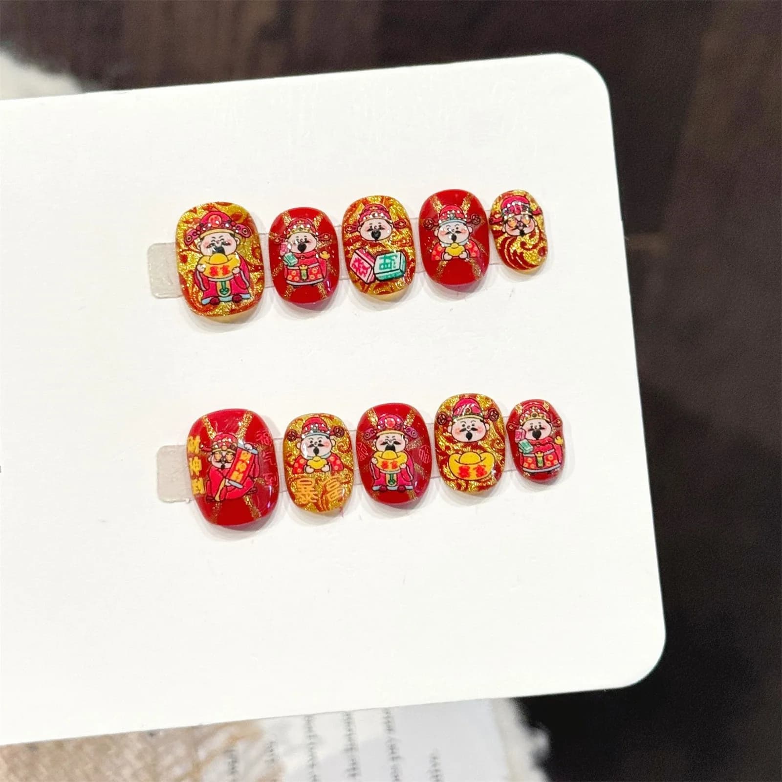 10 pezzi fatti a mano oro rosso capodanno unghie finte premere sulle unghie manicure jubilante breve nail art indossabile glitter unghie finte quadrate