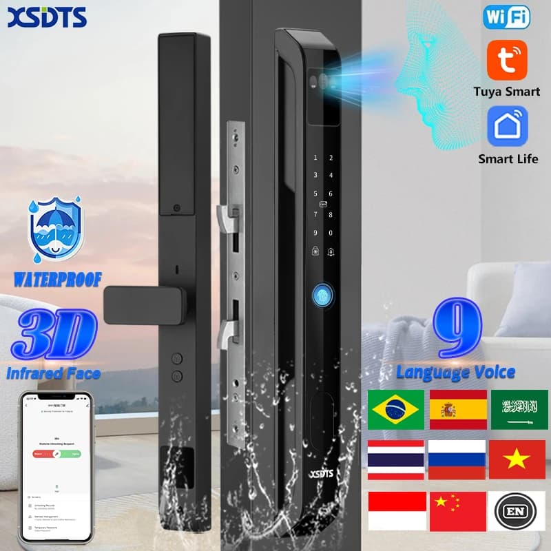 3D Face Tuya WiFi Elettronico Smart Door Lock Palm Vein Password Chiave Impronta digitale Porta scorrevole in vetro di alluminio impermeabile per esterni