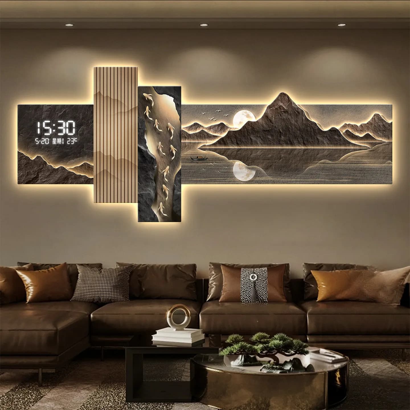Lampada Murale Moderna a LED per Soggiorno, Stile Cinese Contemporaneo, Genera Ricchezza, con Orologio Elettronico e Lusso Decorativo