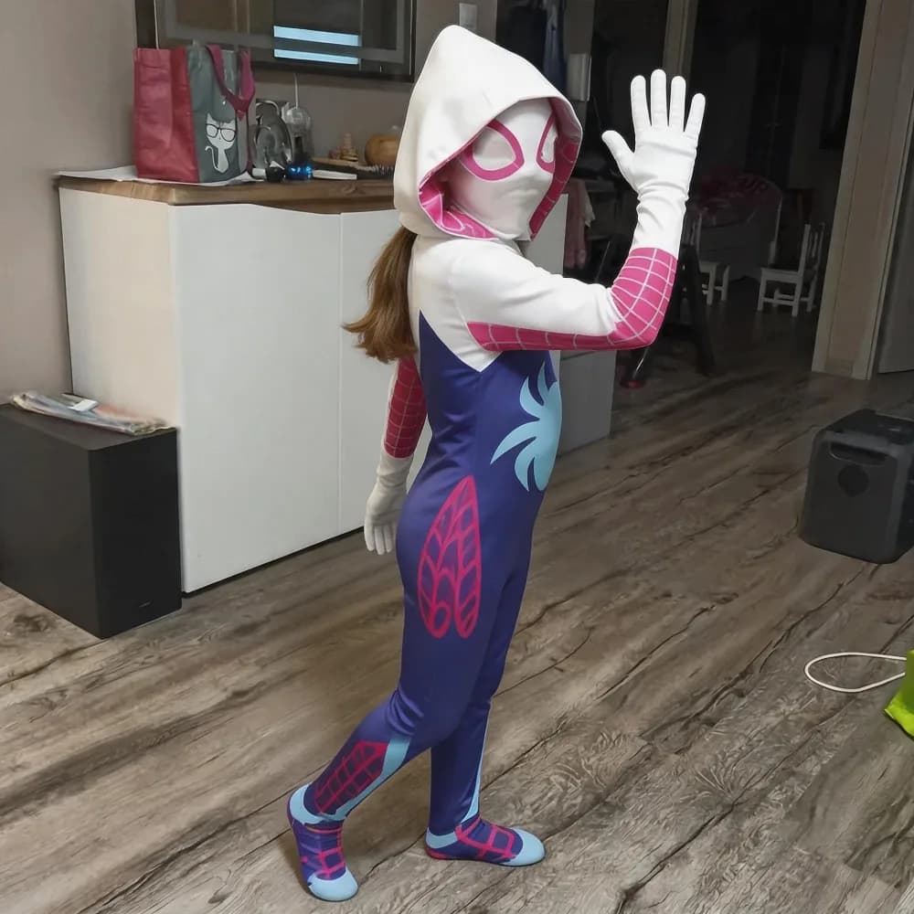 Costume da Supereroe per Bambine, Tuta Intera, Costume di Supergirl per Halloween, Festa in Maschera, Vestito Fantasy con Maschera e Cappuccio