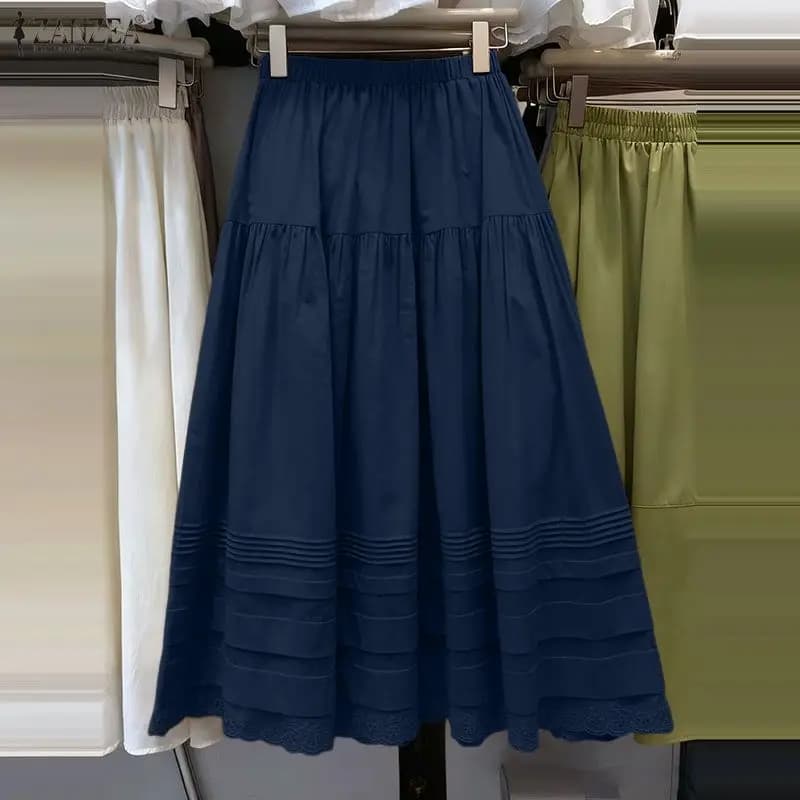 ZANZEA Women Fashion Solid Skirts Elegant High Waist Lace Maxi Skirts Summer Spring Jupes Elastic Waist Casual Loose Faldas Saia