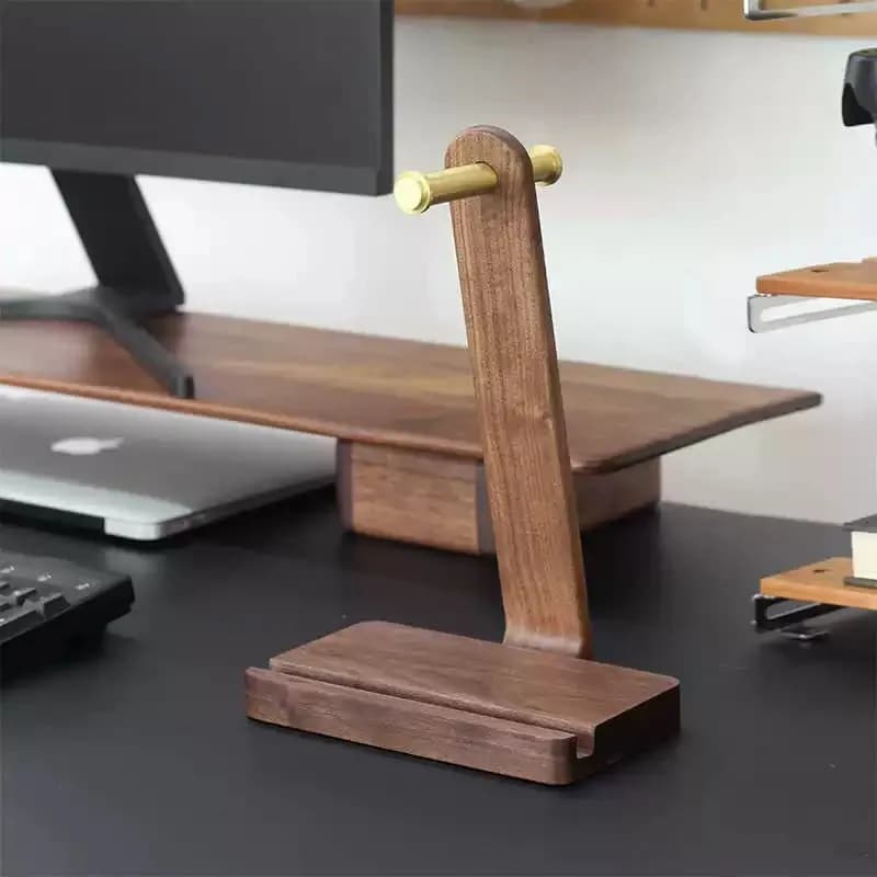 Supporto per cuffie in ottone massiccio in legno, gancio per riporre cuffie montato sulla testa in noce con supporto per telefono cellulare avvolto