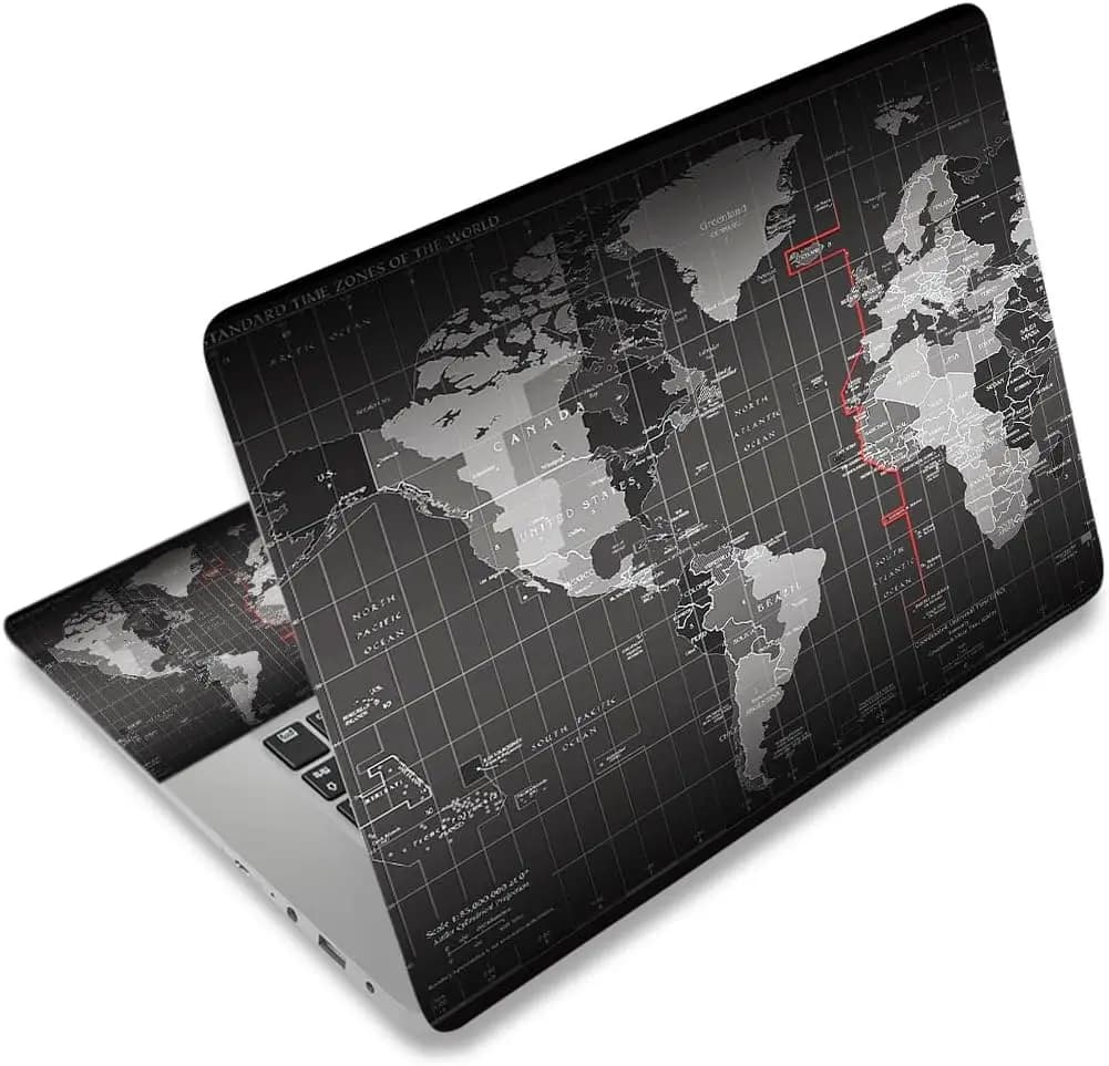 Skin per laptop con mappa del mondo, 12-15,6 pollici, impermeabile e rimovibile, include 2 skin per il supporto per il polso