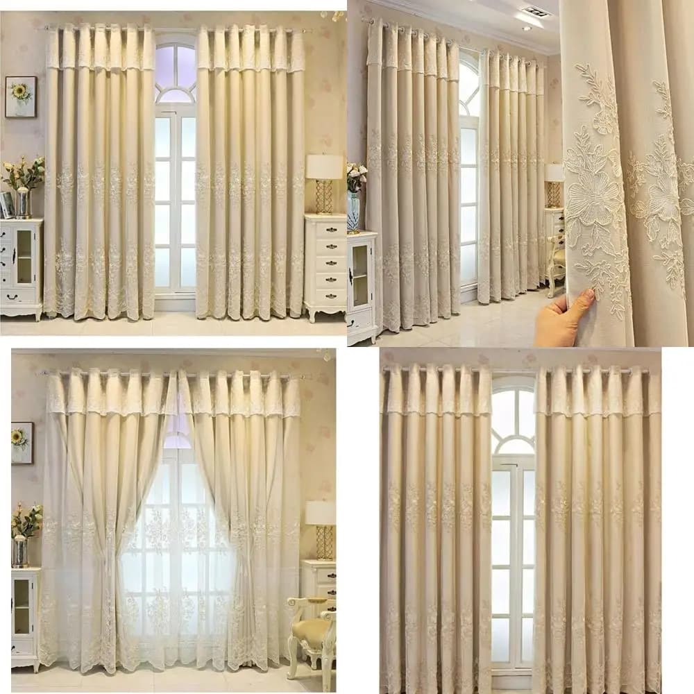 Curtains embroidered in double layer beige lace, 2 panels, 118 L x 106 A inch, ideal for privacy and style of bedroom and living room