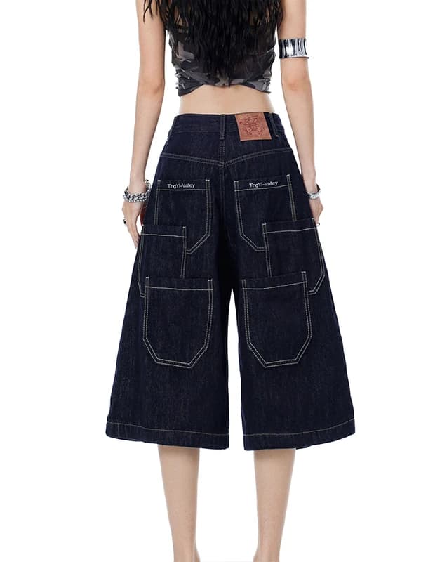 American Style Dark Multi-Pocket Workwear Seven-Foot Jeans Women Summer New Design Loose Straight Casual Pants High Waist Wid...