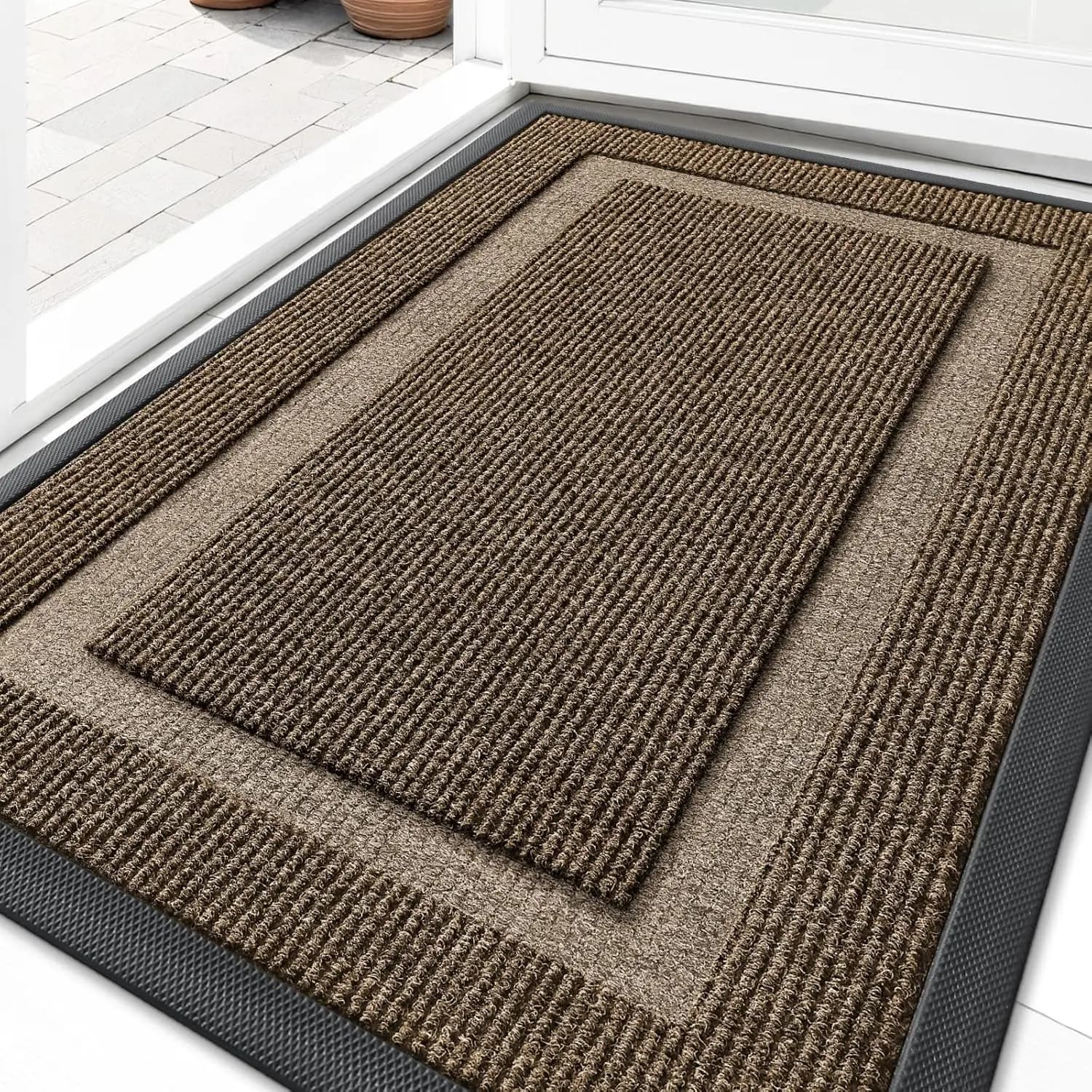 Tappetino per Esterni Impermeabile per Tutte le Stagioni, in Gomma Naturale Resistente, Anti-sbiadimento, Facile da Pulire per Patio, Portico, Ingresso, 29.5x17 Marrone