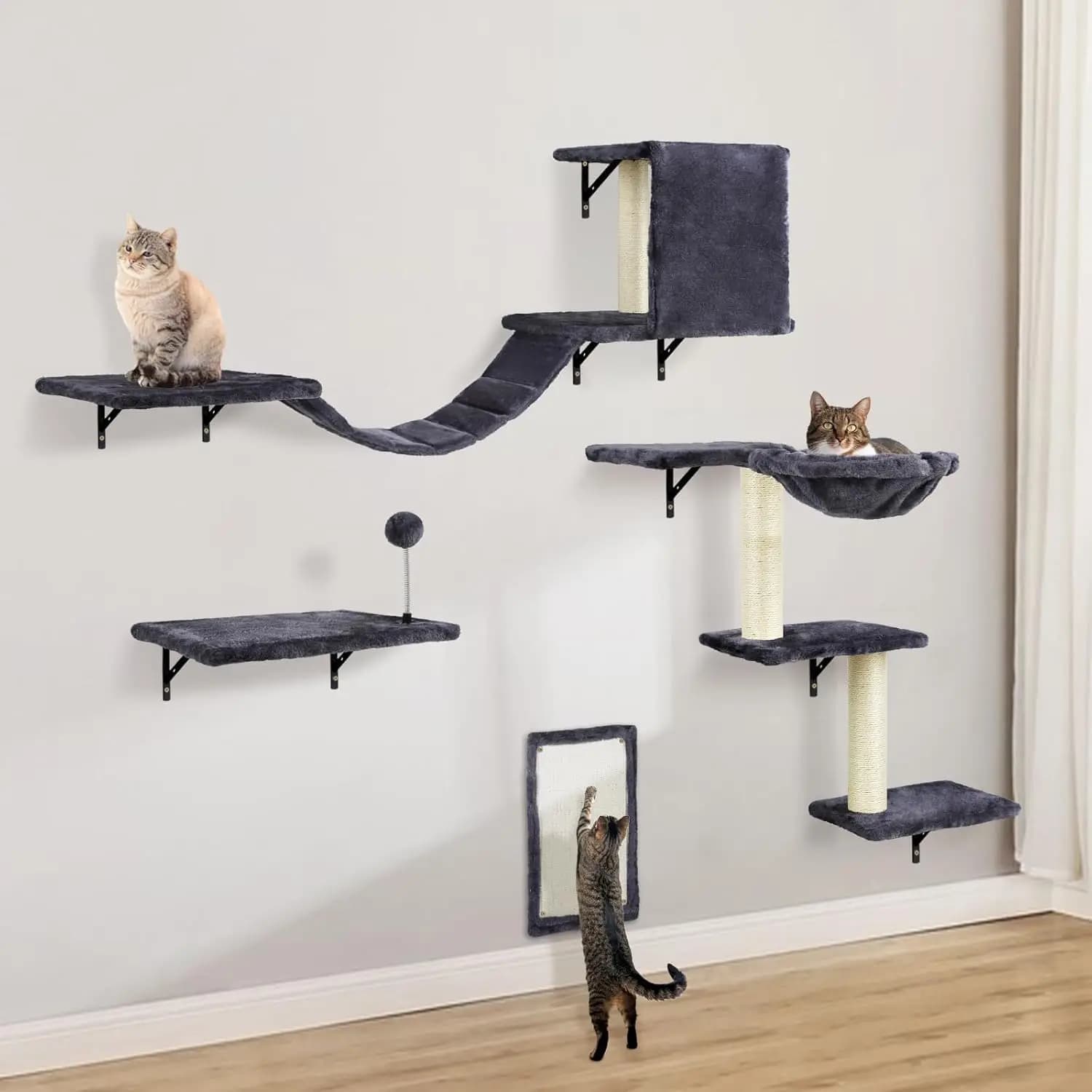 Set Arrampicata per Gatti da Parete con Mensole, Trespoli, Casetta, Scala e Tiragraffi - 5 Pezzi Mobili per Interni in Legno (Grigio Scuro)