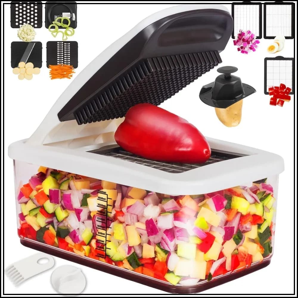 Extra Large Vegetable Chopper, Multifunctional 10-in-1 Food Chopper with 6 Blades, 4 Spiralizers, and Container
