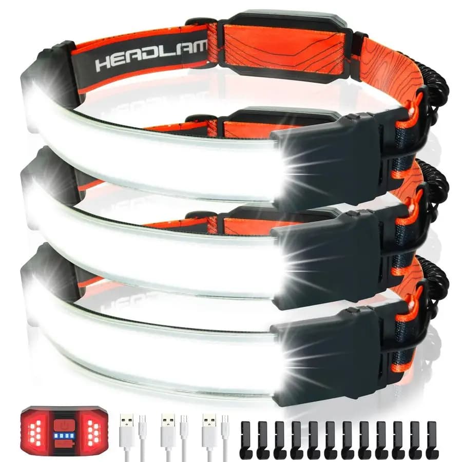 Set di 3 Lampade Frontali LED Ricaricabili, Luce Ampia, Torcia Frontale con Luce Posteriore Rossa, 1200lm, Leggera e Regolabile