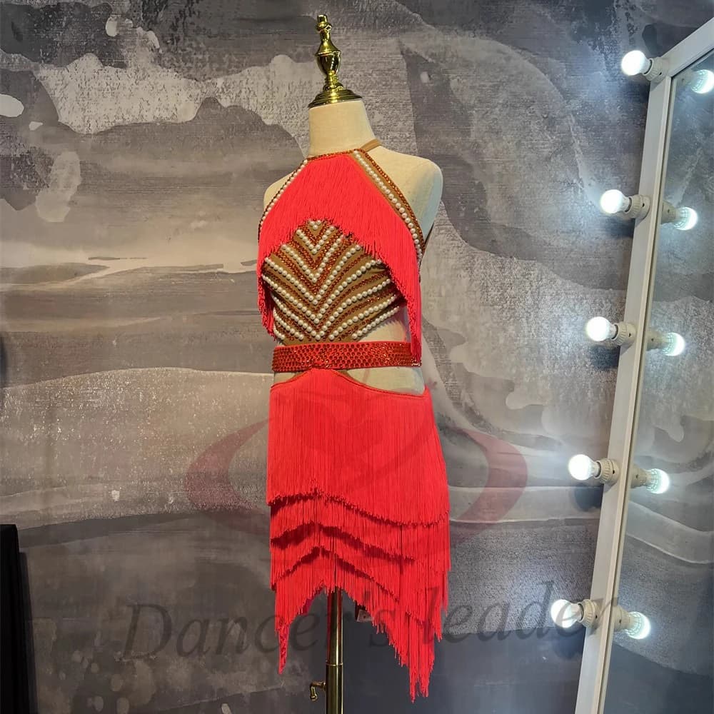 Abito da ballo latino per adulti e bambini, personalizzato di alta gamma, con perle e nappe, gonna per tango, abbigliamento professionale da donna