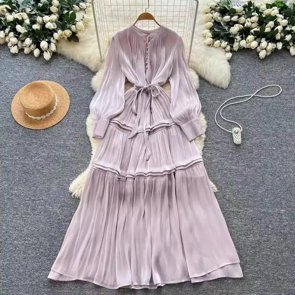 Abiti lunghi eleganti in raso a maniche lunghe autunno inverno Abiti da sera da donna vintage da festa Camicia con volant Abiti lucidi