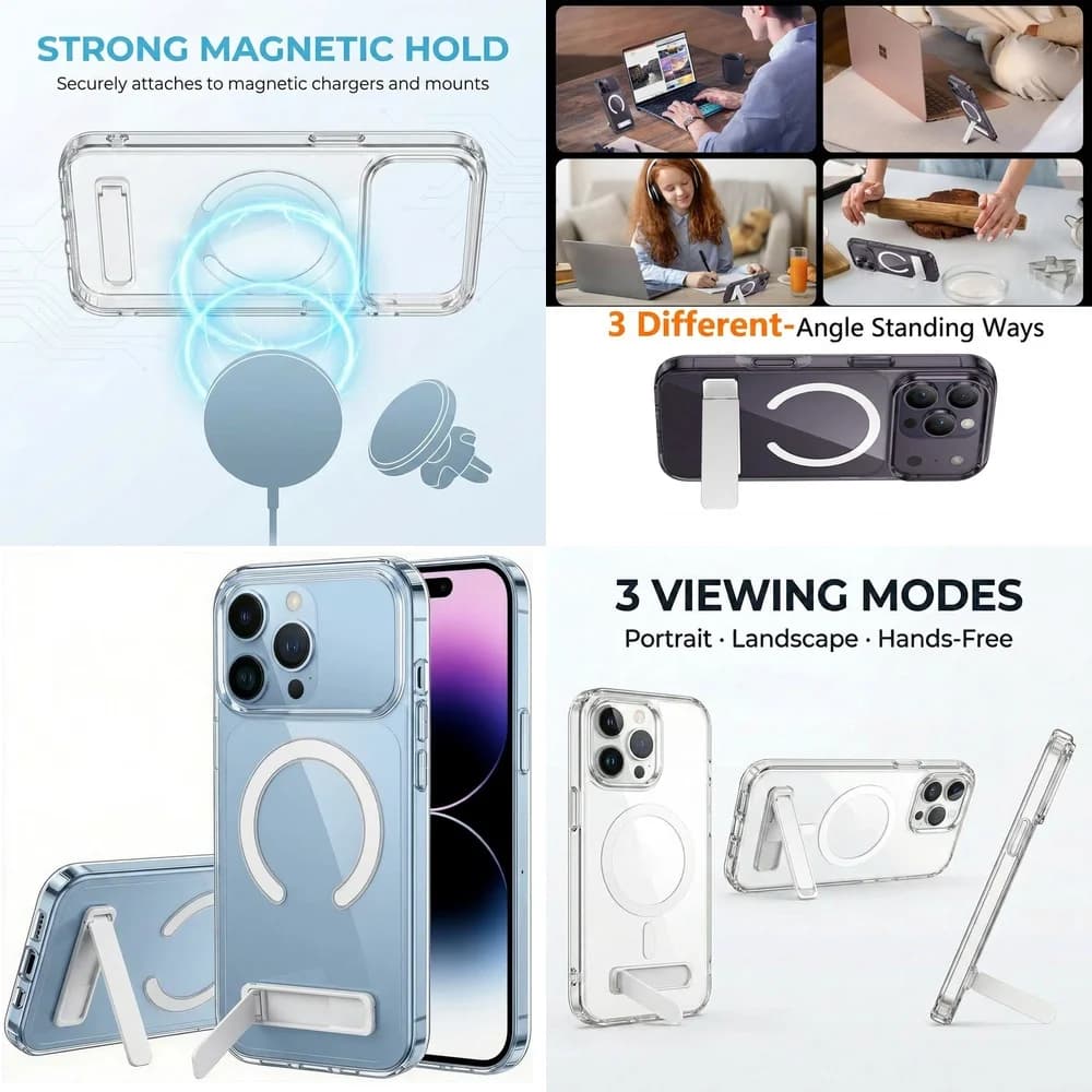 Pro Design Transparent Magnetic Case Adjustable Kickstand Non-Slip Grip TPU PC for iPhone 16 17 15 14 Plus 13 mini 12 11 Pro Max