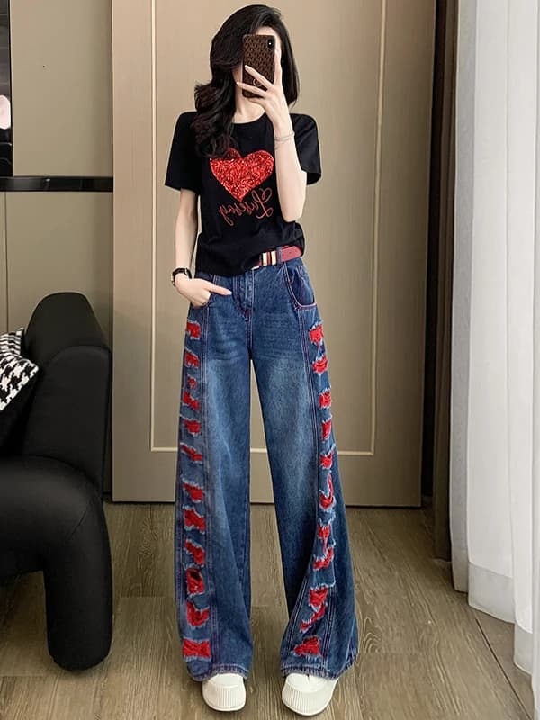Fashionable Hong Kong Style Women's Slimming Black Short Sleeve T-Shirt Wide Leg Jeans Two-Piece Set Comfortable Cotton Summe...