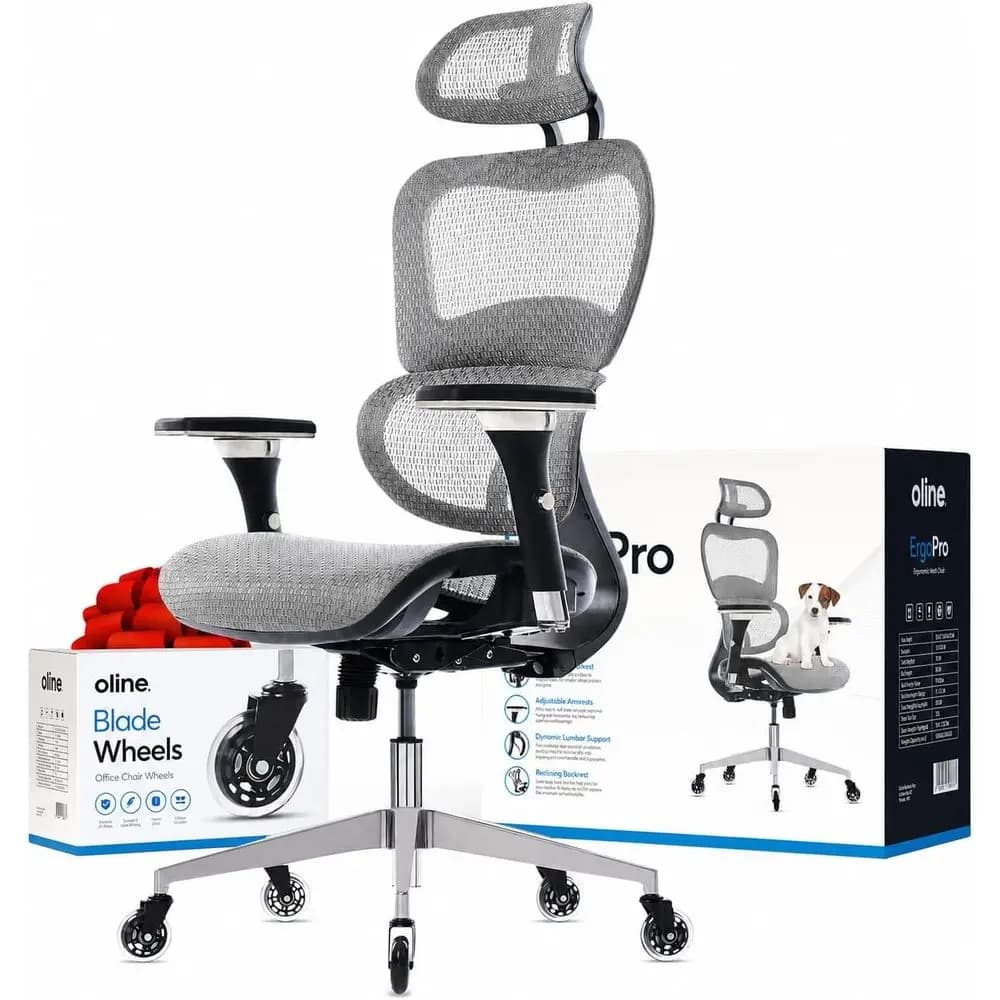 Sedia da Ufficio Ergonomica con Braccioli Regolabili, Supporto Lombare 3D e Ruote a Lama - Sedia Girevole in Rete per Computer e Gaming (L)