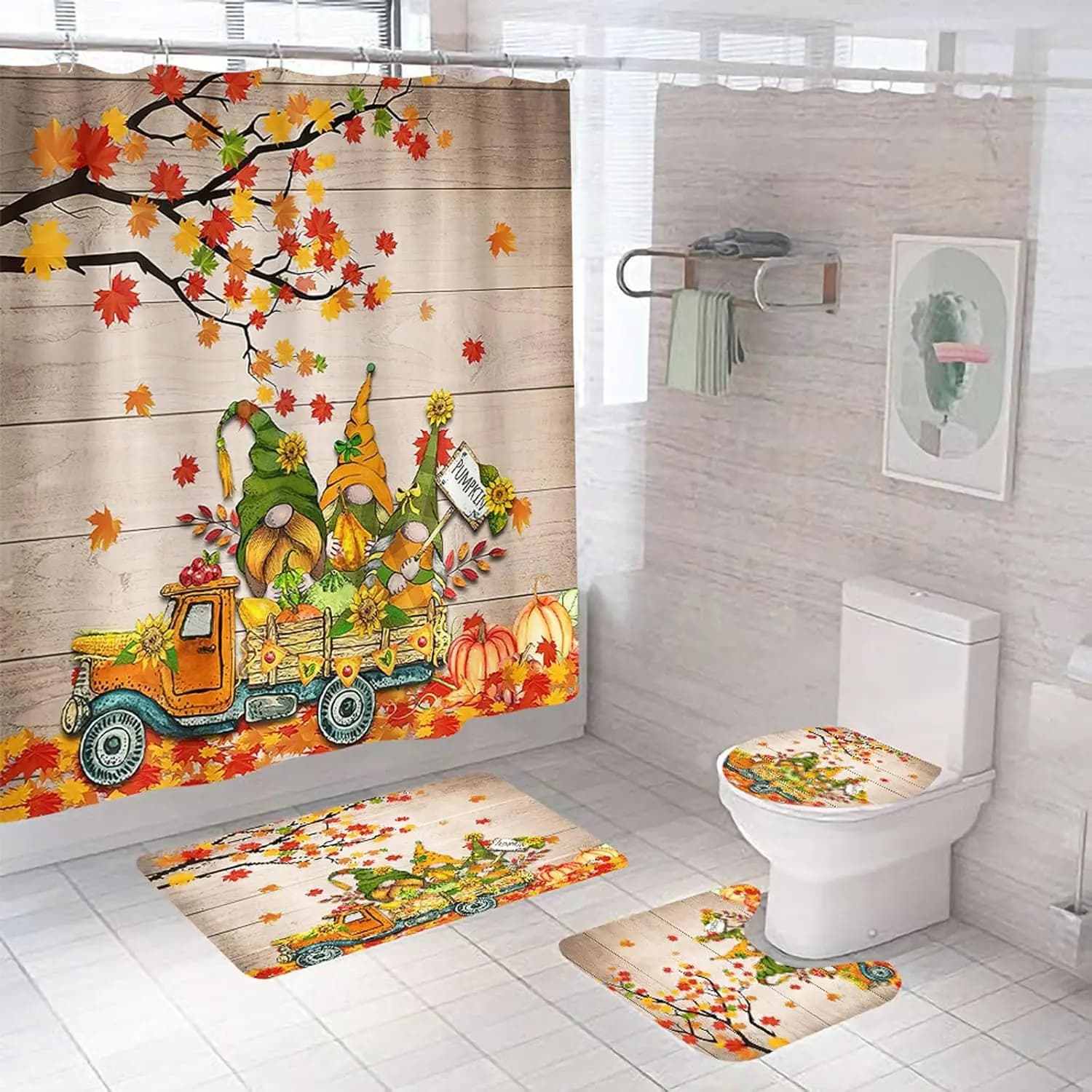 Set di tende da doccia autunnali da 4 pezzi con tappeto antiscivolo, tappetino da bagno e copriwater, doccia impermeabile con zucca di gnomi del camion del Ringraziamento