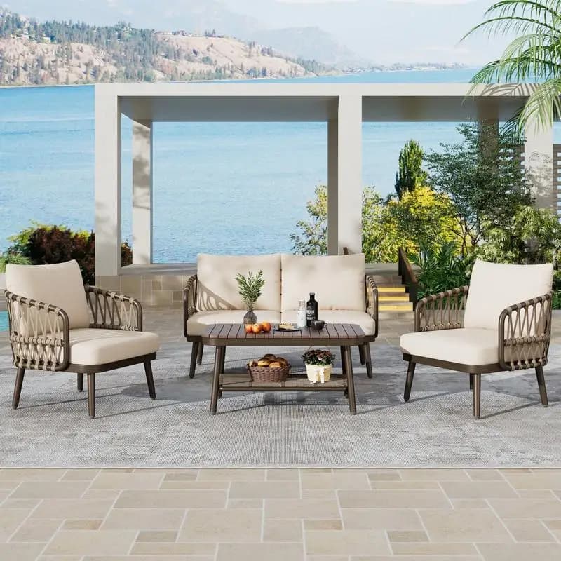4 pieces outdoor garden furniture set, metal chairs with U-shaped back in woven rope, thick pillows and coffee table for garden,