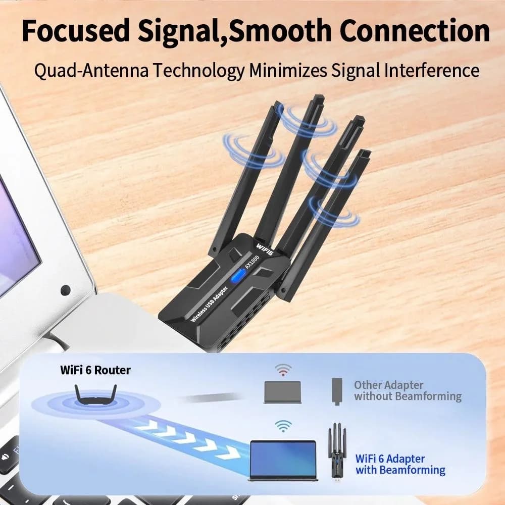 WiFi 6 USB 3.0 Adapter 1800 Mbps Dual Band Wireless Network Card 5GHz 2.4GHz with 4 Antennas USB Dongle for PC Desktop Laptop Gaming Windows 11 10 Long Range Signal Receiver Ideal for Gaming Streaming Video Calls