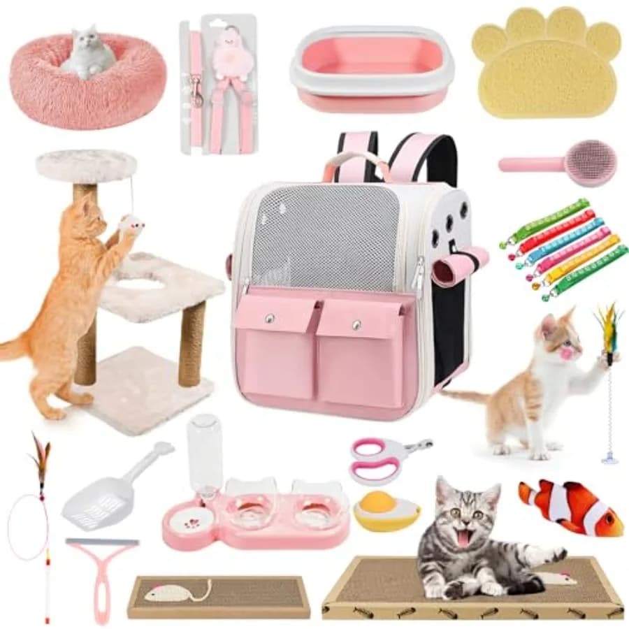 Kit Essenziale per Gattini 20 Pezzi con Cuccia Rosa, Trasportino, Tappetino per Lettiera, Lettiera, Collare, Ciotole e Altro Ancora - Perfetto
