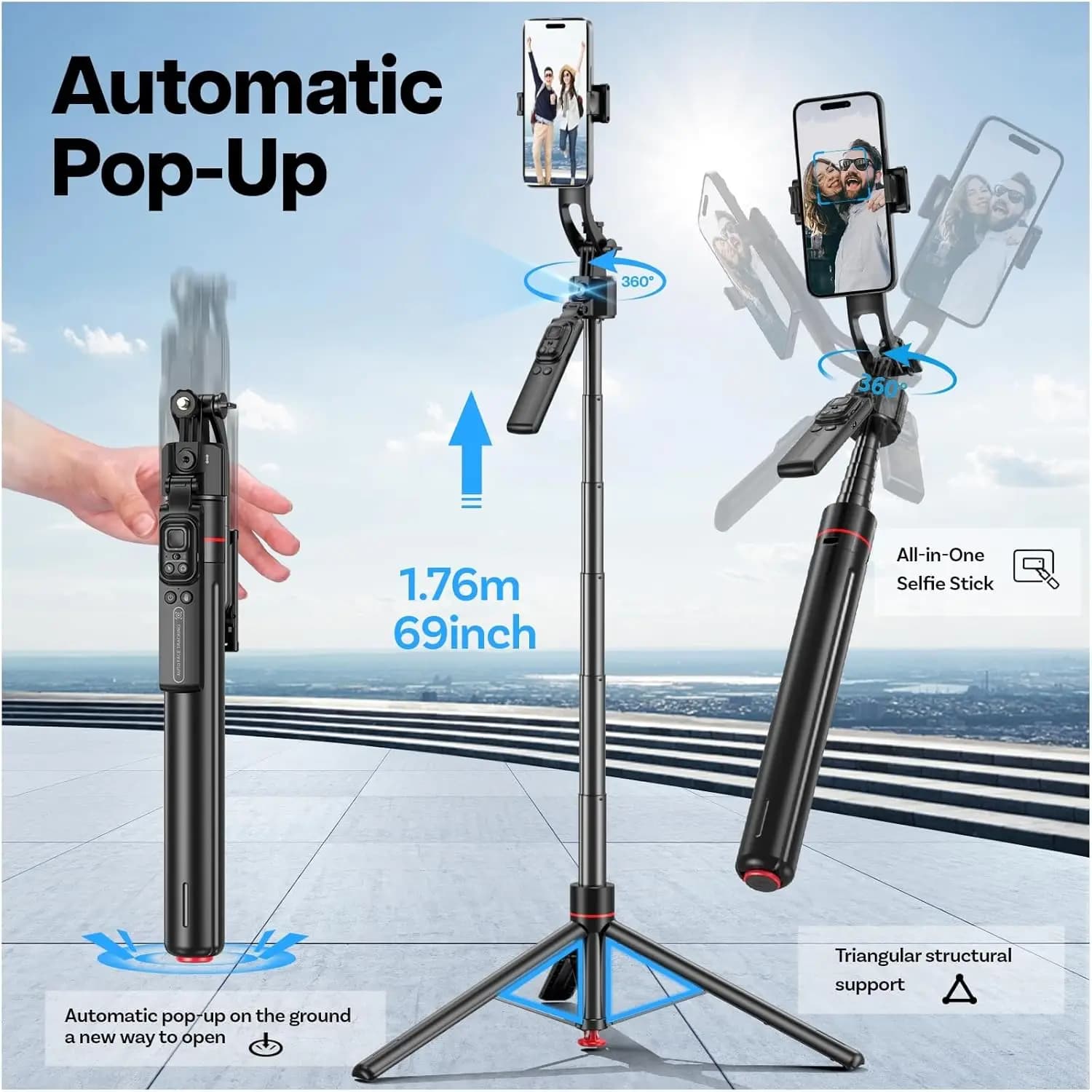 Treppiede per selfie stick con tracciamento automatico del volto 360 ° Supporto AI con controllo dei gesti Treppiede con apertura pop automatica estensibile da 1,76 m
