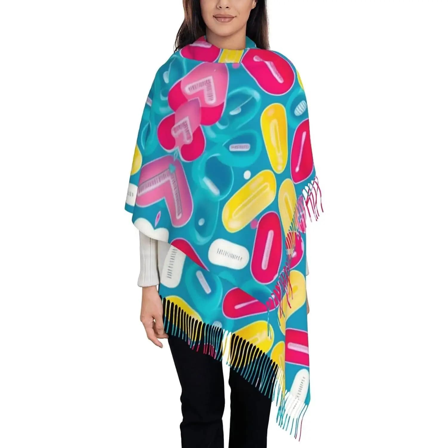 Scarf with tassel with cute nurse print Scarf with horizontal cashmere tassel for autumn winter Hot fashion for winter fashion