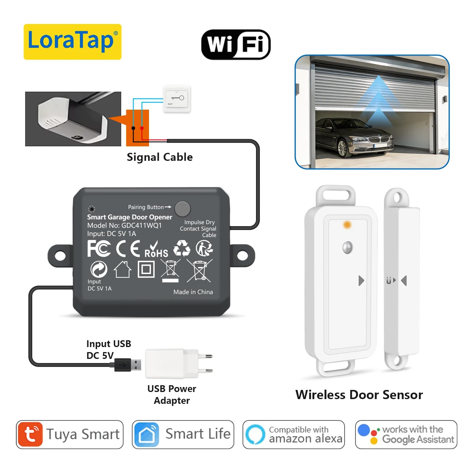 Modulo interruttore per apertura porta garage LoraTap con sensore porta wireless, telecomando Smart Life, compatibile con Google Home e Alexa