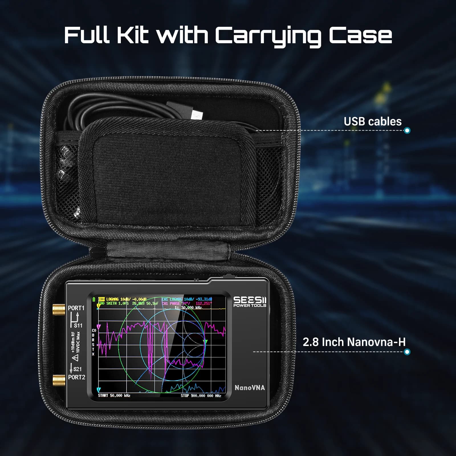 SEESII V3.6 NanoVNA 10kHz–1.5GHz Vector Network Analyzer with EVA Case, Antenna Analyzer Kit for Parameters S, VSWR and Phase Rear