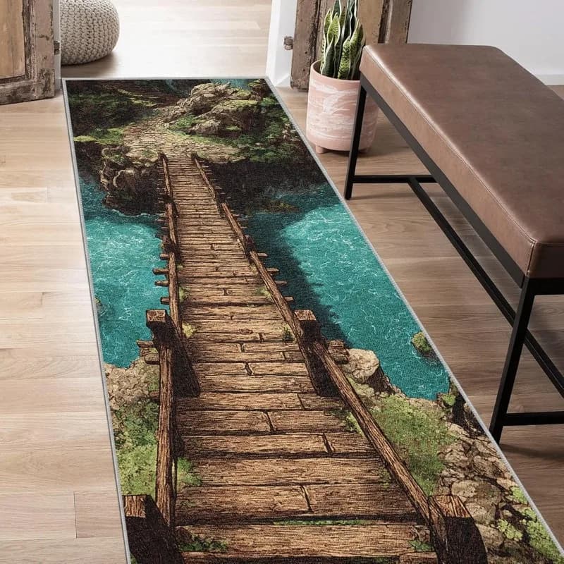 Illusioni ottiche 3D Ponte in legno Runner Tappeto Scena naturale Decorazioni per la casa Tappeto Turchese Flusso Paesaggio Galleggiante per corridoio