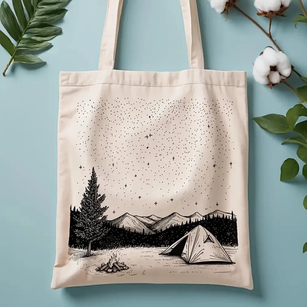 1pc, Double-Sided Print Design.1pc Camping Scene Canvas Tote Bag- Reusable Grocery Bag with Starry Night Mountain Design, Durabl