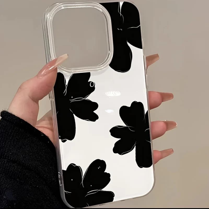 Aesthetic Black Flower Transparent Phone Case For iPhone 18 Pro Max 11 17 Pro Max 14 12 13 15 16 Pro Max Slim IMD Cover Fundas