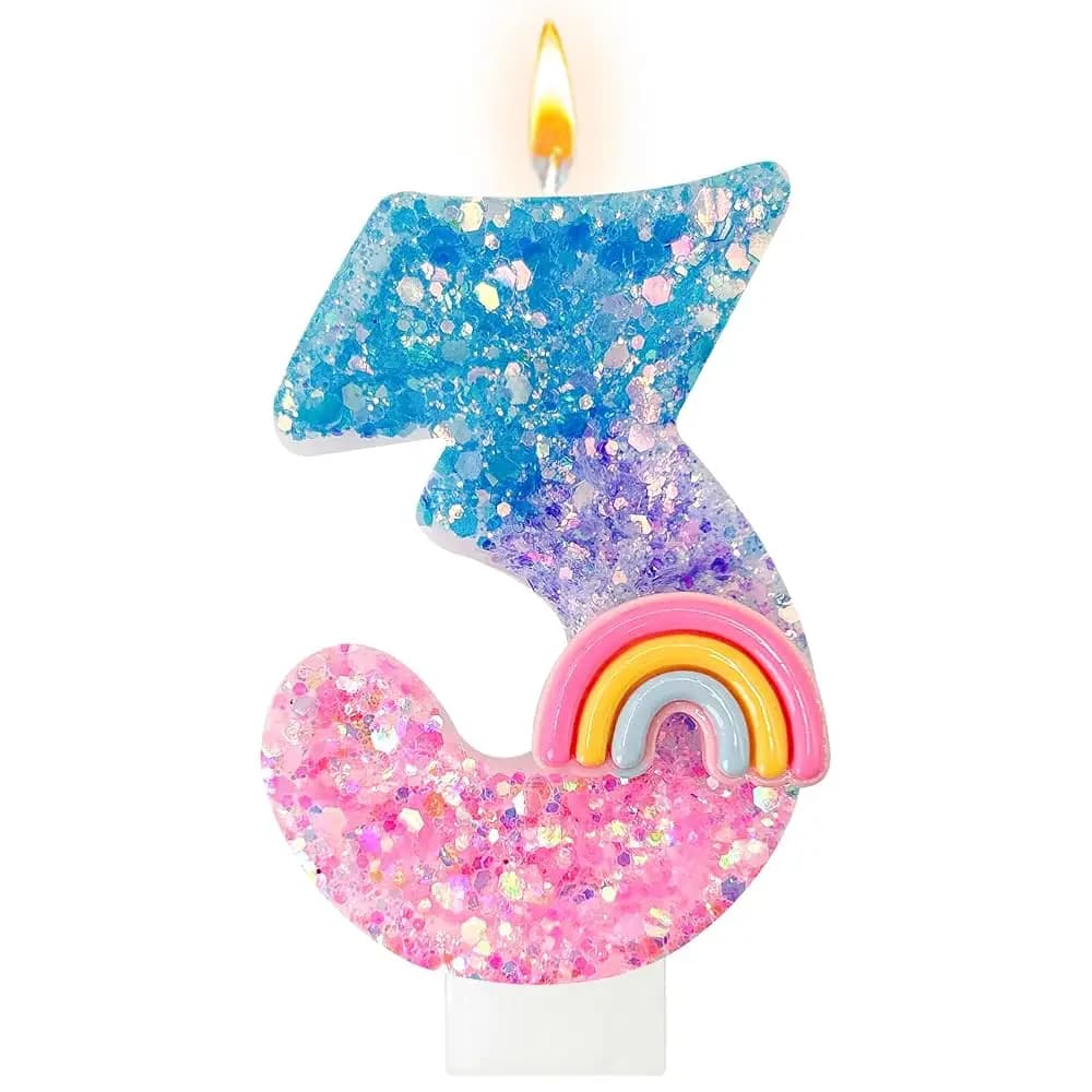 Candeline Numeriche Arcobaleno per Compleanno, Candeline Numero 3, Decorazioni per Cupcake, Decorazioni per Torte a Tema Macaron, Tema Cartone Animato