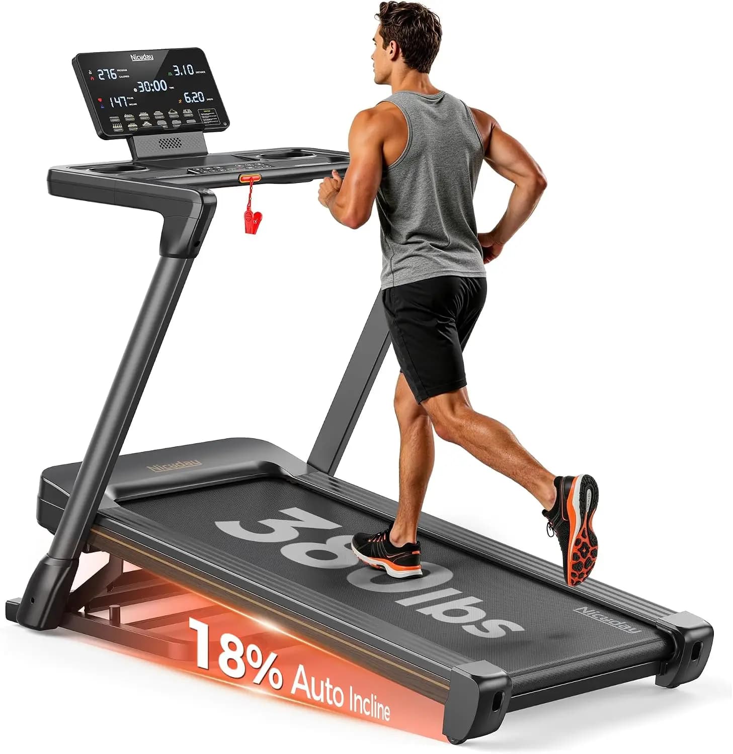 Niceday TM2 Incline Treadmill with 18% Auto Incline, Wide Belt Foldable Running Treadmills with Handles for Home 380 Lb Capacity, 0.6-8.7MPH Indoor Running Machine for Home Gym, 3.0HP Quiet Brushless