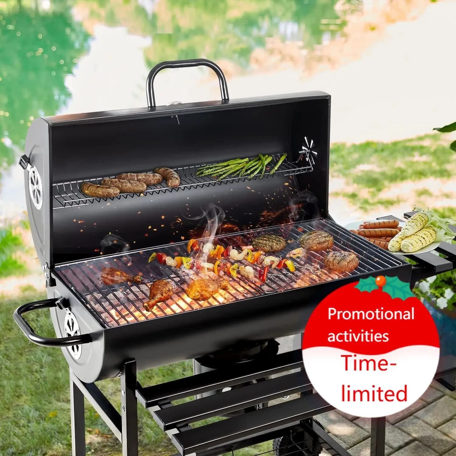 Barbecue a carbonella a forma di barile con tre ripiani, termometro, teglia in ferro cromato a doppio strato e contenitore per cenere