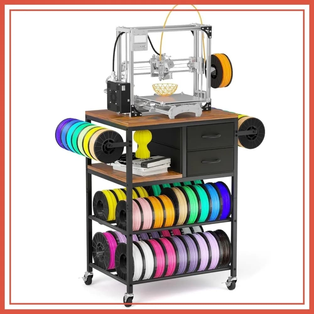 Supporto per Stampante 3D con Vano Porta Filamenti, Tavolo Rotante con Cassetto e Ruote Bloccabili, Organizzatore per Bobine Resistente per Officina