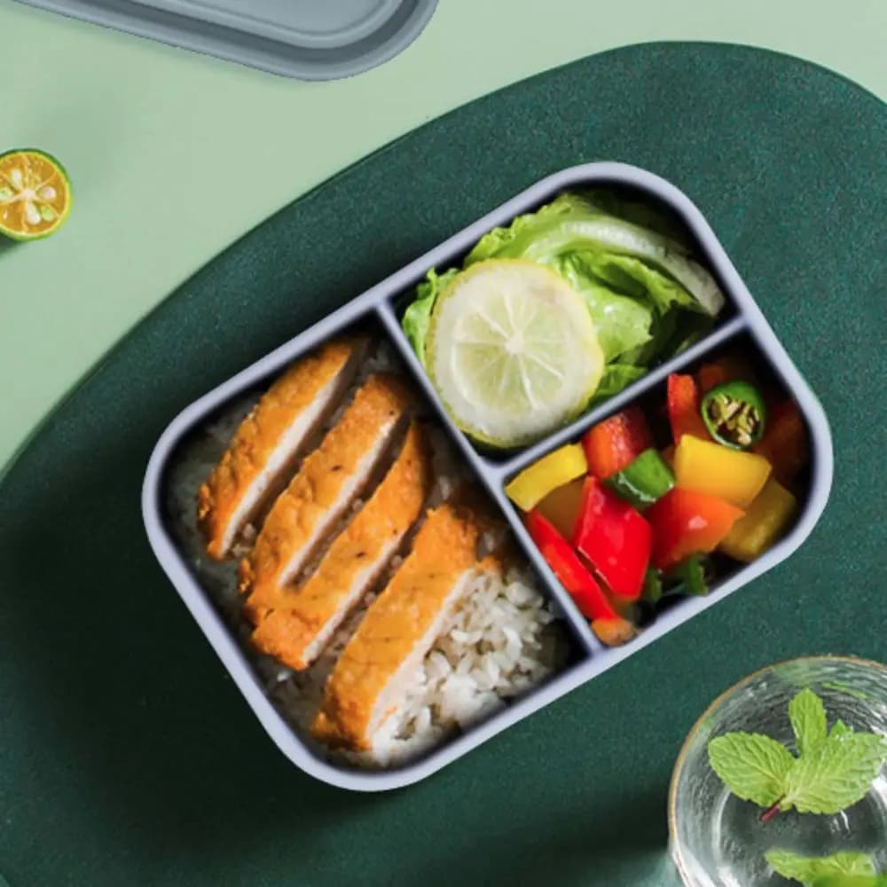 Household 3 Compartments Silicone Lunch Box Microwavable Heat Resistant Food Container Rectangular Lunch Container School