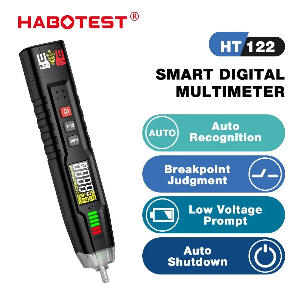 HABOTEST HT122 Multimetro digitale a penna Tester di tensione CA CC Multimetro intelligente Sequenza di fase NCV Multimetro con range automatico