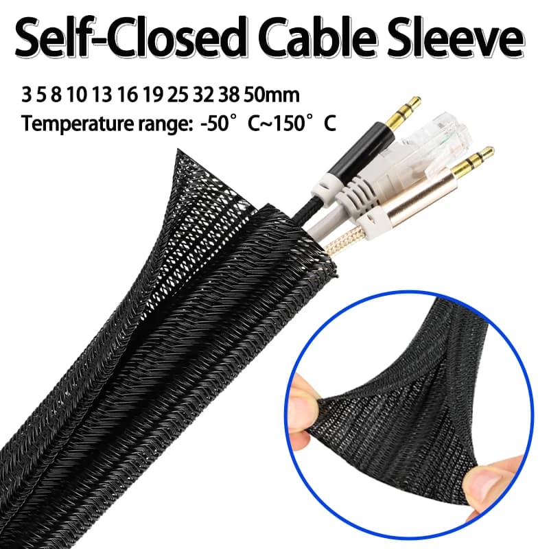 3/5/10m Black PET Braided Cable Sleeve 3mm~50mm Wire Organizer Self-Closed Sheath Protection Wear Resistant Insulated Sleeving