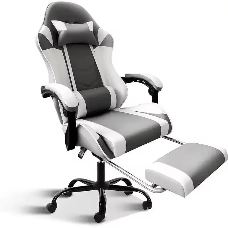 Sedia da gaming bianca con poggiapiedi, sedia da gamer grande e alta, sedia da ufficio girevole regolabile stile racing