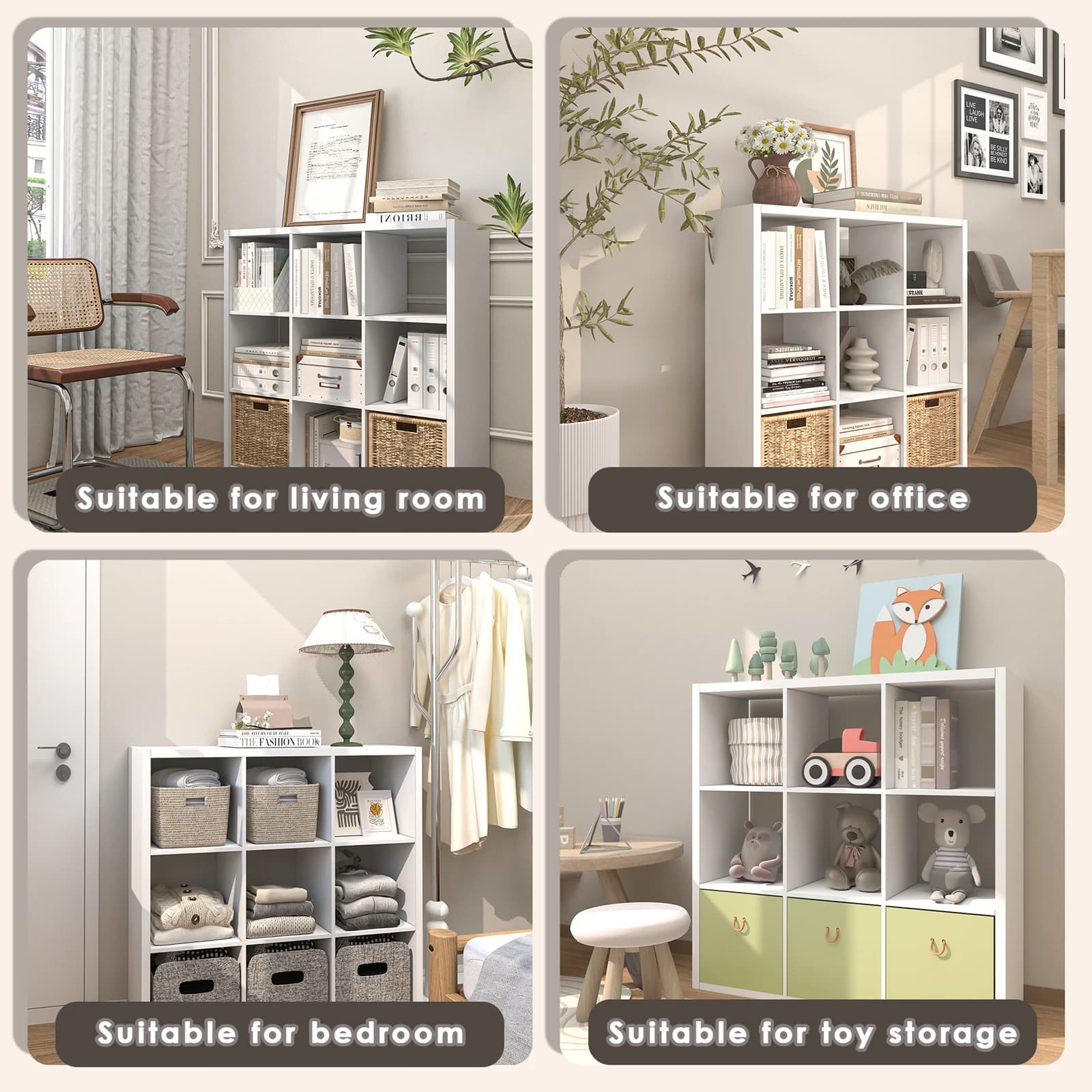 2026 Wooden Thick Frame 9 Cube Storage Organizer Shelf with Anti-Tipping Kits + Reversible Open Back Bookcase, Horizontal and Vertical Dual-use（White,11inch）