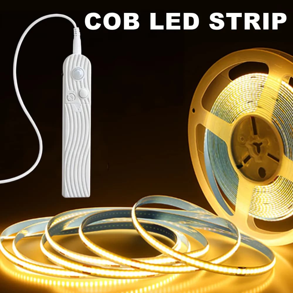 Striscia LED COB 8MM 5V con Sensore di Movimento, Alimentata a Batteria, 320 LED/M, Luce Notturna a Induzione, Bianco Caldo, Rosso, Blu Ghiaccio, Giallo, Verde