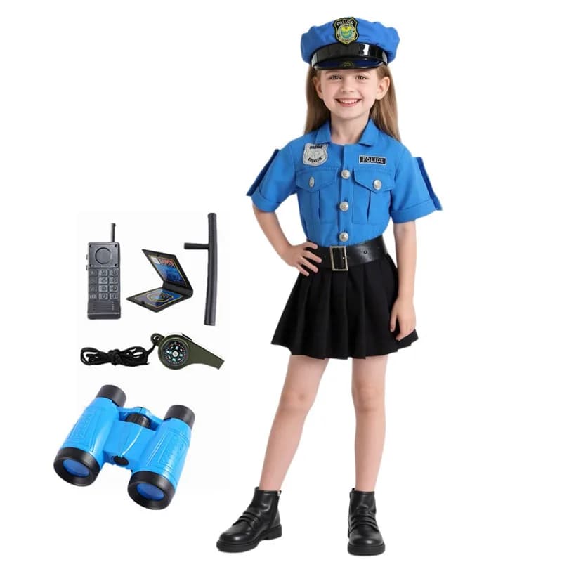Set di costumi da agente di polizia con walkie-talkie, bacchetta, fischietto, cintura, accessori coordinati per spettacoli di giochi di ruolo natalizi
