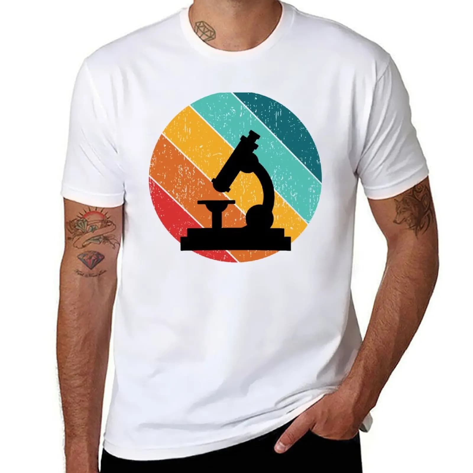 T-shirt 80s RETRO DIAGONAL SUNSET DISTRESSED MICROSCOPE SCIENCE, maglietta leggera a maniche corte.